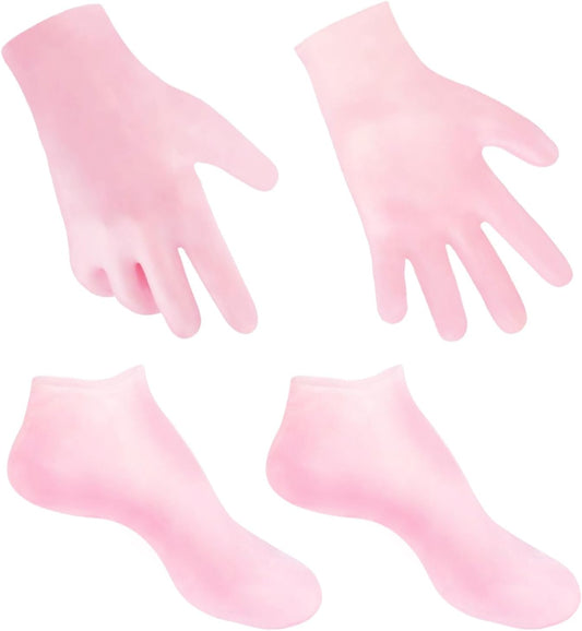 2 Pairs Moisturizing Glove Socks Set, Silicone Gel Spa Socks for Dry Cracked Skin,Silicone Gel Heel Socks anti Slip,For Foot Hand Softening, Calluses, Foot Care after Pedicure(Pink)