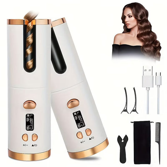 Automatic Cordless Hair Curling Iron - Anti-Tangle, Ceramic Cylinder, Quick Heating, 6-Level Temperature Control, Untangled Hair Support.